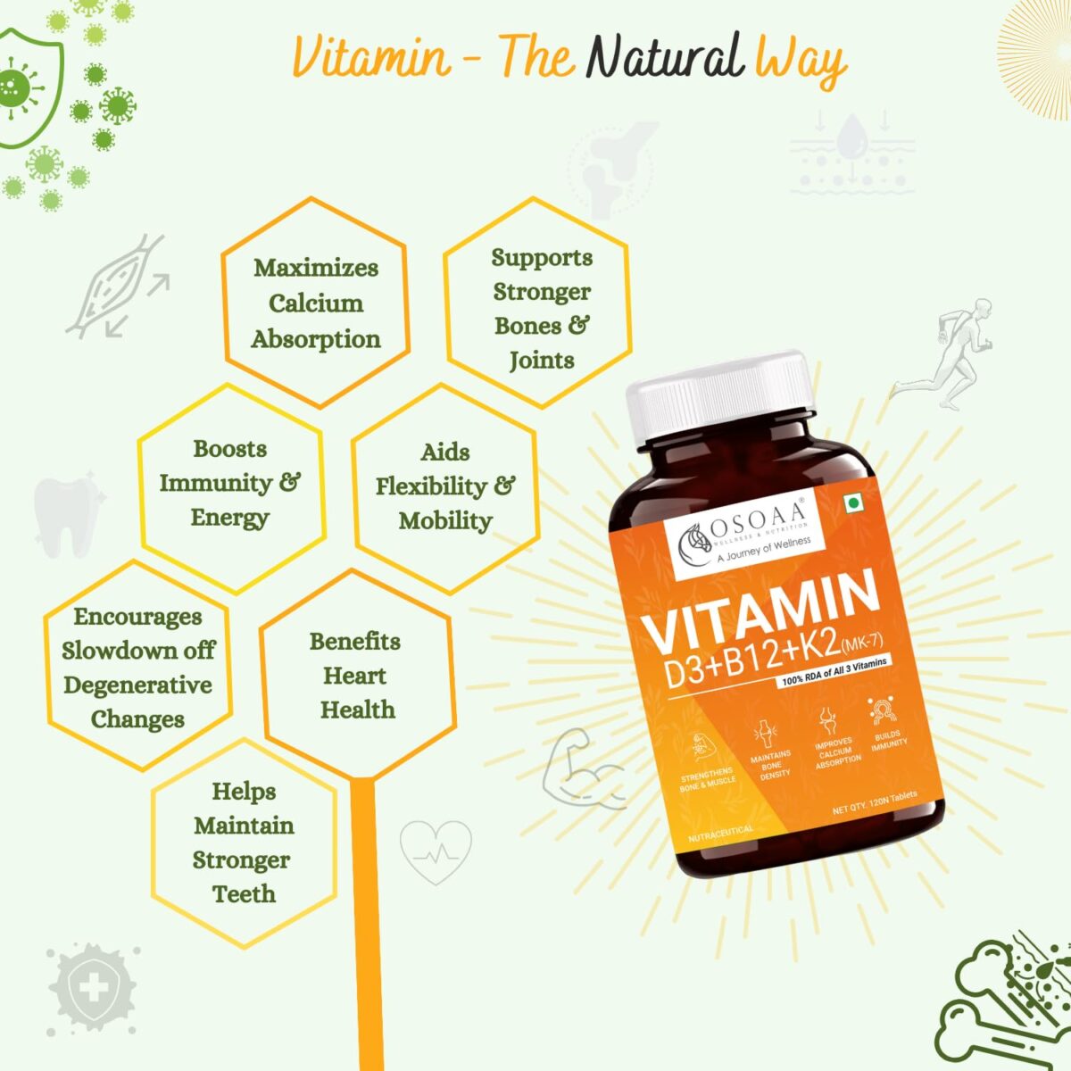 OSOAA Vitamin D3 K2 MK7 | Plant Based Veg Vitamin D3 Supplement Vitashine D3- Lichen Source High Absorption Plant Supplement for Bone, Joint Support & Immunity - 120 Veg Tablets - Image 3