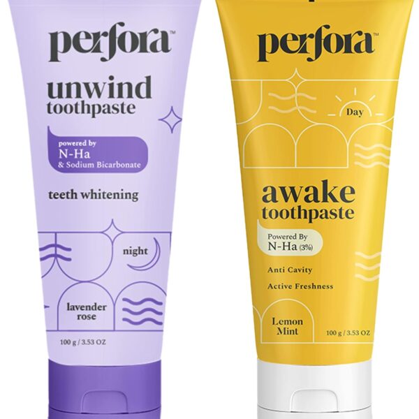 Perfora The Daily Routine Awake & Unwind Toothpaste | Active Freshness Cavity Prevention & Teeth Whitening | SLS & Fluoride Free Toothpastes With N-Ha For Teeth Remineralisation & Oral Care |100 gm Set of 2