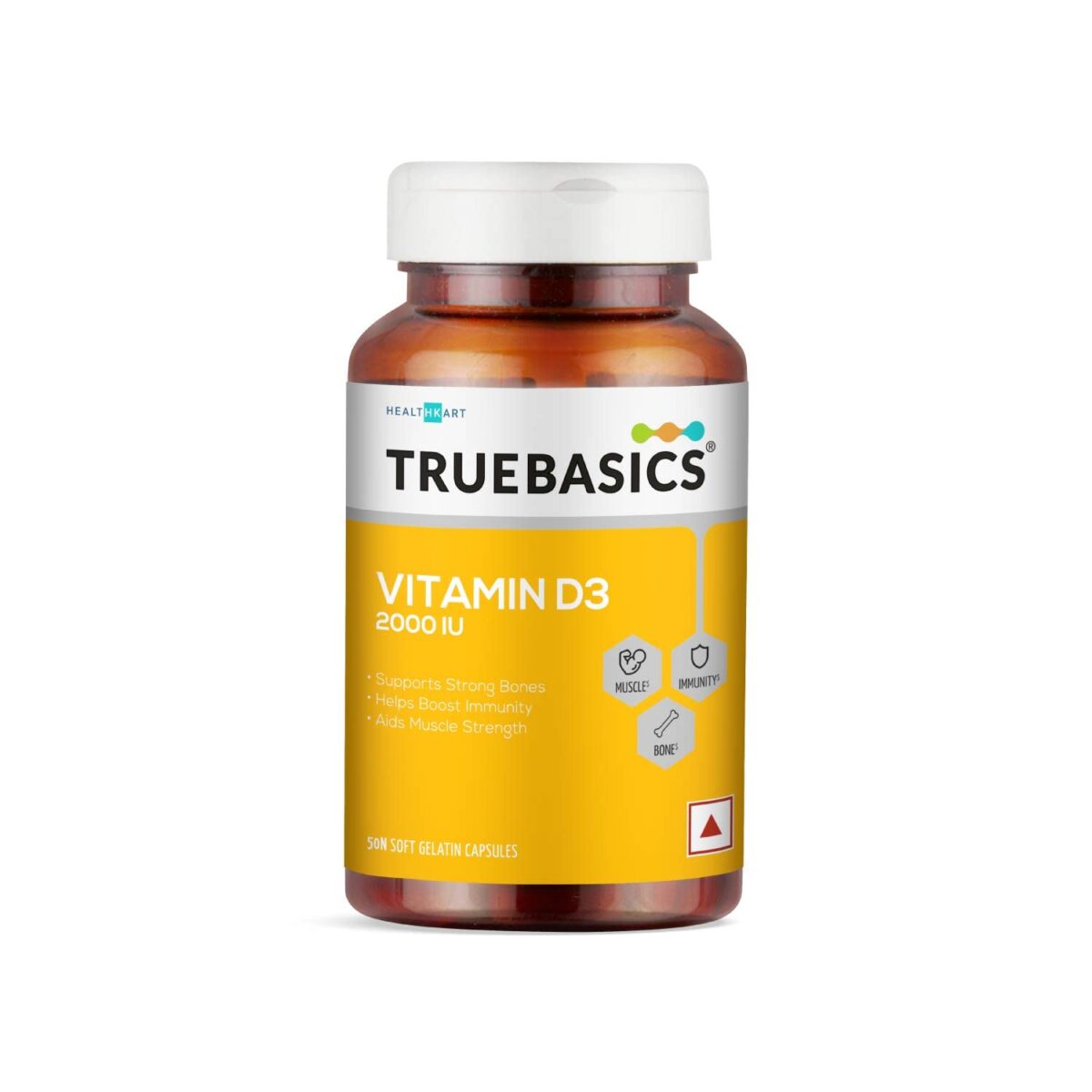 TrueBasics Vitamin D3 2000 IU, for Healthy Bones, Strong Muscles, Boosts Immunity & Calcium Absorption, 50 Vitamin D Capsules - Image 1