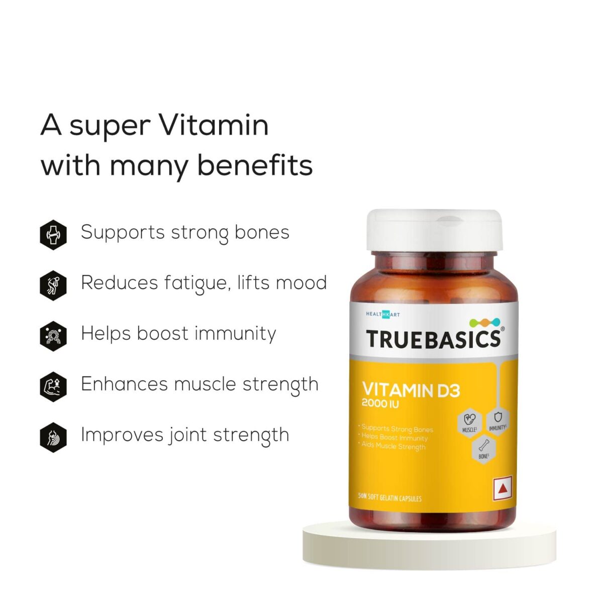 TrueBasics Vitamin D3 2000 IU, for Healthy Bones, Strong Muscles, Boosts Immunity & Calcium Absorption, 50 Vitamin D Capsules - Image 3