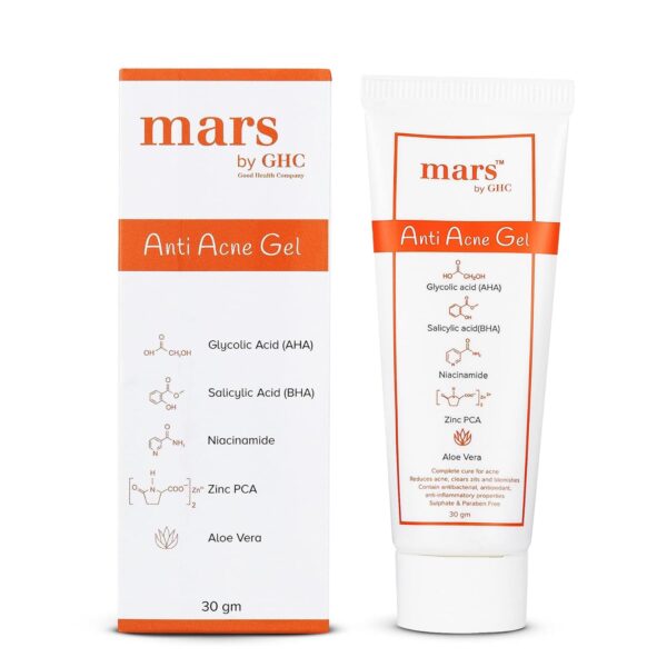 mars by GHC Anti Acne & Pimple Removal Face Gel | Oil Free Hydrating Gel for Marks, Dark Spot Removal with Niacinamide, Glycolic Acid and Salicylic Acid, 30 gm