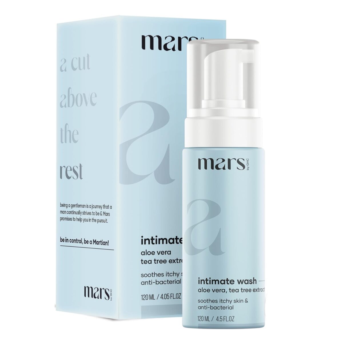 mars by GHC Natural Intimate Wash for Men | with Aloe Vera, Tea Tree Extract & Anti Bacterial ingredients | Liquid Wash Prevents Dryness, Itchiness, Bad Odour & Irritation | Balances pH| (120ml) - Image 1