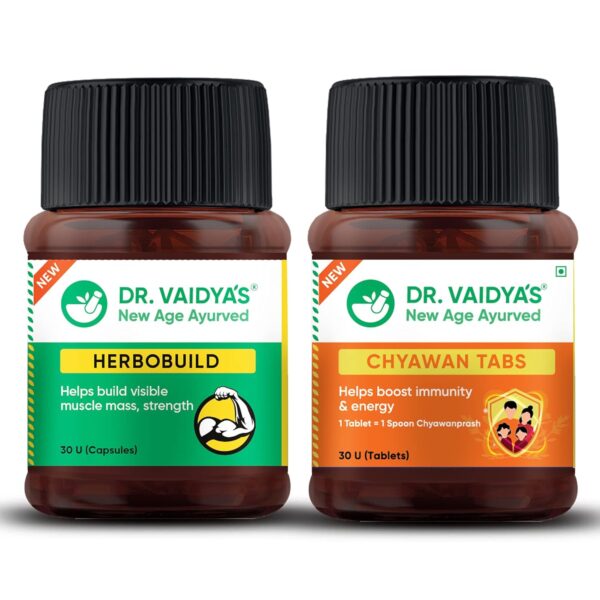 DR. VAIDYA'S Fitness Pack Herbobuild (30 capsules), Chywan Tablets (30 capsules) Muscle Gain, Energy and Immunity Boost