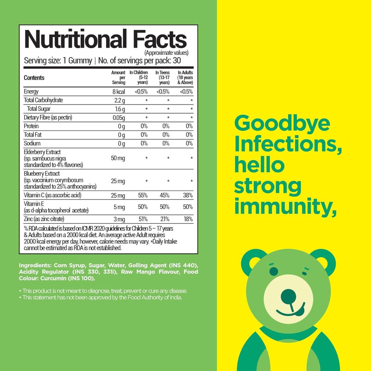 NutriBears Immuno Boost Immunity Gummies for Kids and Adults, (30 Gummy Chews) 3 NutriBears Immuno Boost Immunity Gummies for Kids and Adults, (30 Gummy Chews, Raw Mango Flavour) Vitamin C and E, Zinc, and Natural Elderberry and Blueberry, Advanced Antioxidants - Image 4