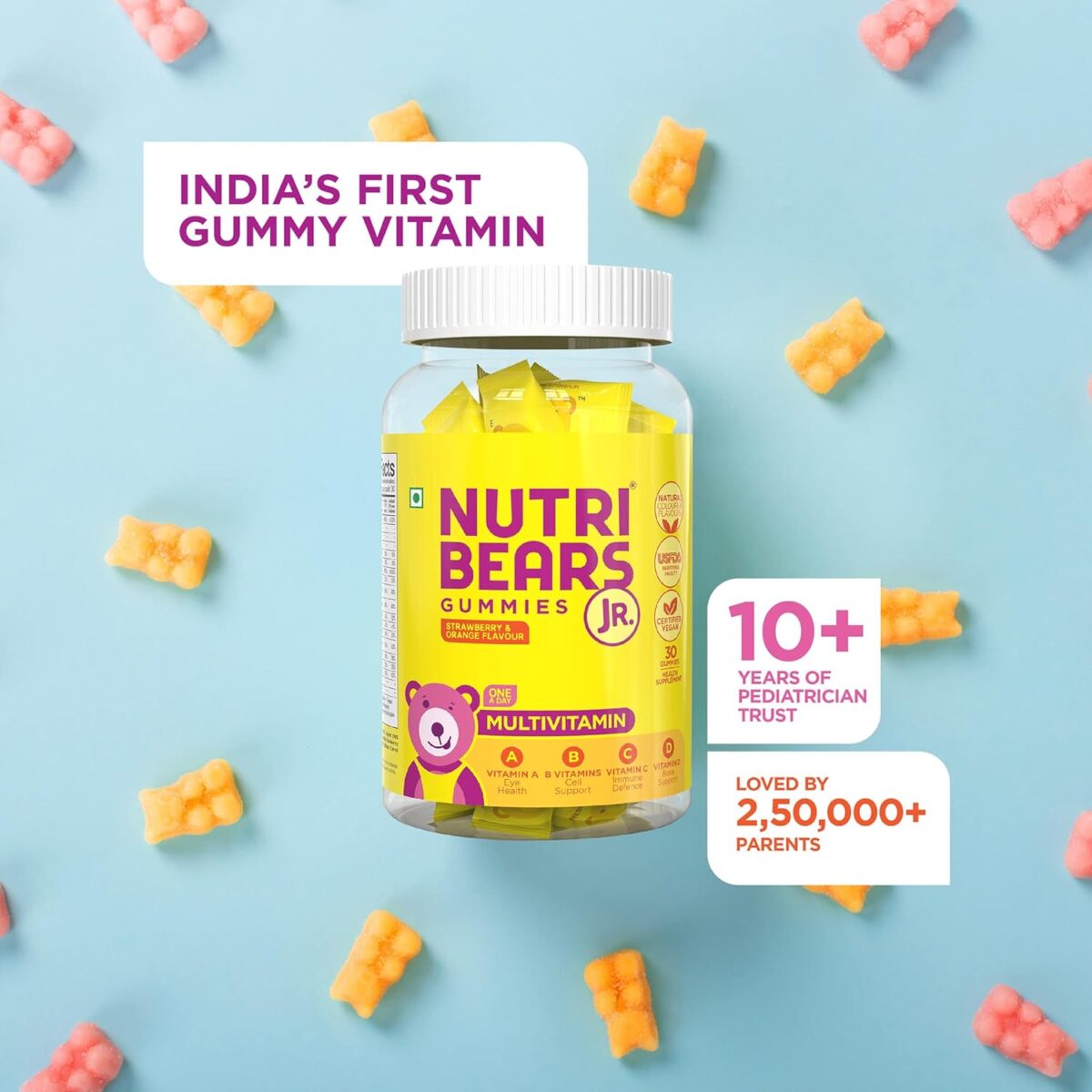 NutriBears Kids Multivitamin Gummies with Vitamins A, C, B, D, and Zinc, 30 Gummy Chewable Bears, Strawberry and Orange Flavour, Supports Daily Wellness and Immune System Support - Image 3