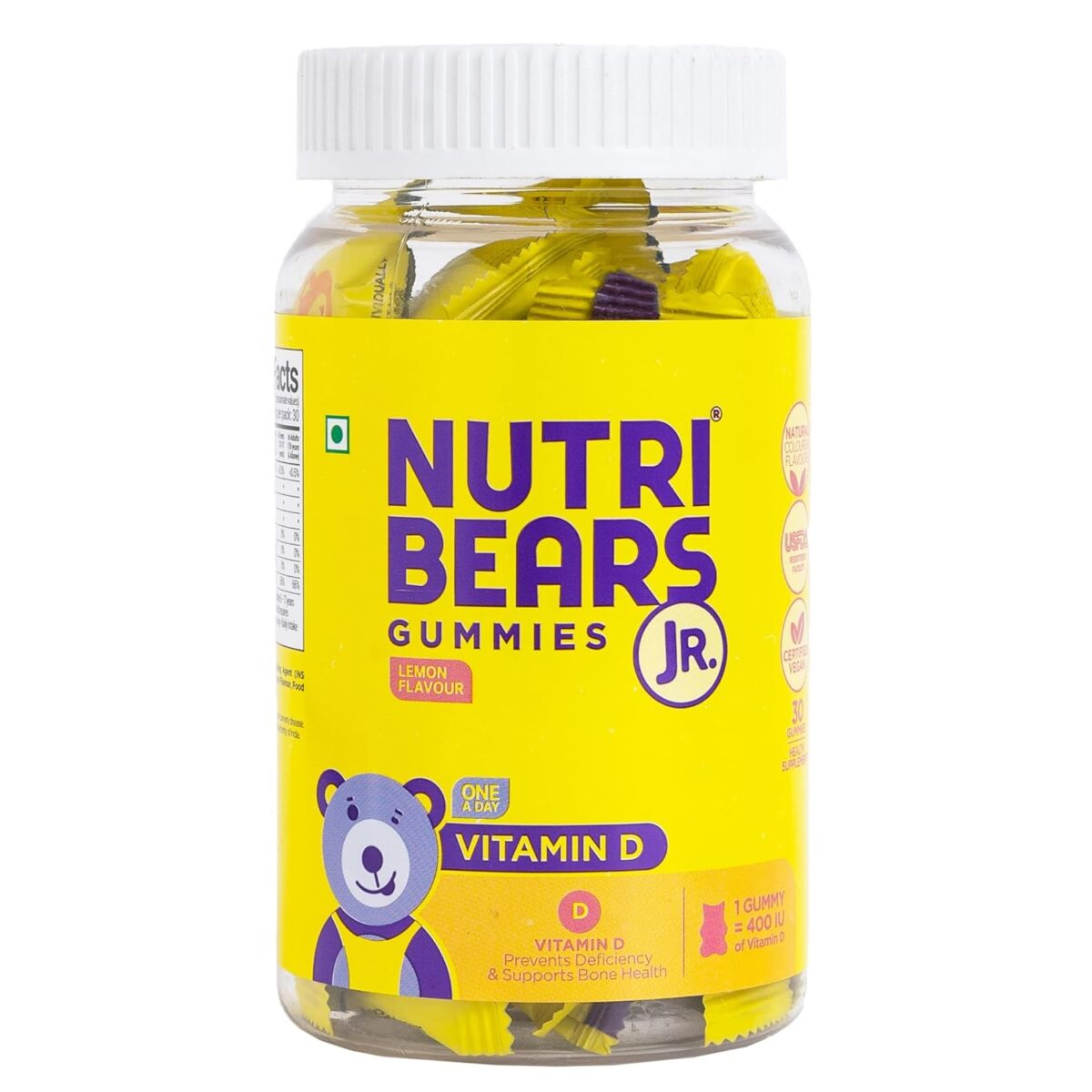 NutriBears Vitamin D Gummies for Kids and Adults (30 Gummy Chewables, Lemon Flavour) 400 IU Per Gummy, Promotes Positive Mood and Enhances Calcium Absorption, Vegetarian - Image 1
