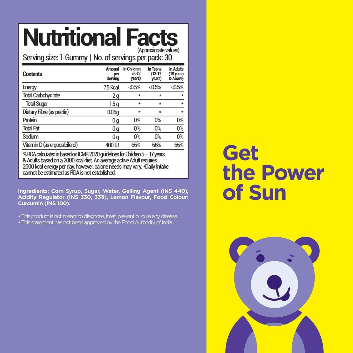 NutriBears Vitamin D Gummies for Kids and Adults (30 Gummy Chewables, Lemon Flavour) 400 IU Per Gummy, Promotes Positive Mood and Enhances Calcium Absorption, Vegetarian - Image 3