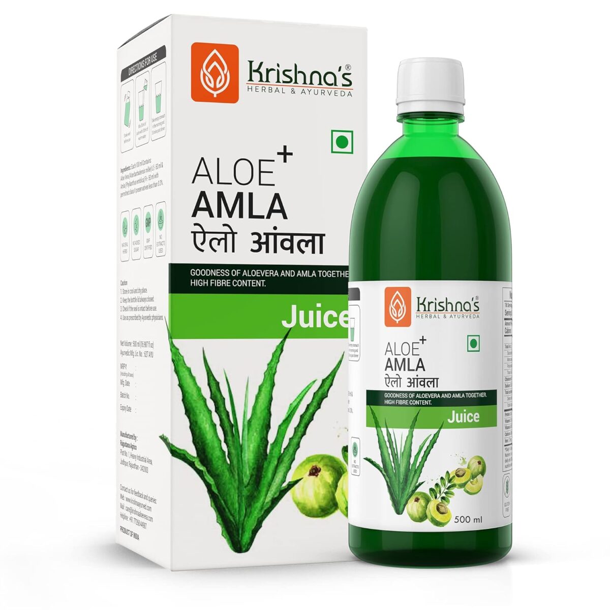 Krishna's Aloe Vera Amla Mix Juice - (500 ML) For Acne And Pimples, Hair Care - Image 1