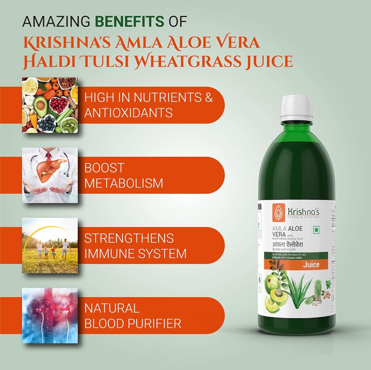 Krishna's Amla Aloe Vera Wheat-grass, Haldi & Tulsi Juice - (500 ml) For Constipation, Acidity And Indigestion - Image 3