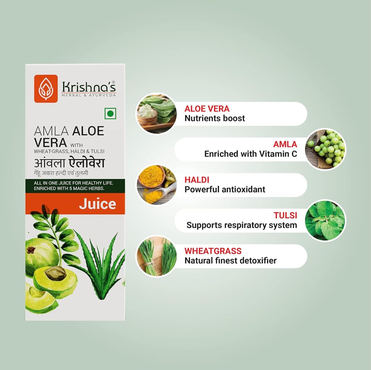 Krishna's Amla Aloe Vera Wheat-grass, Haldi & Tulsi Juice - (500 ml) For Constipation, Acidity And Indigestion - Image 4