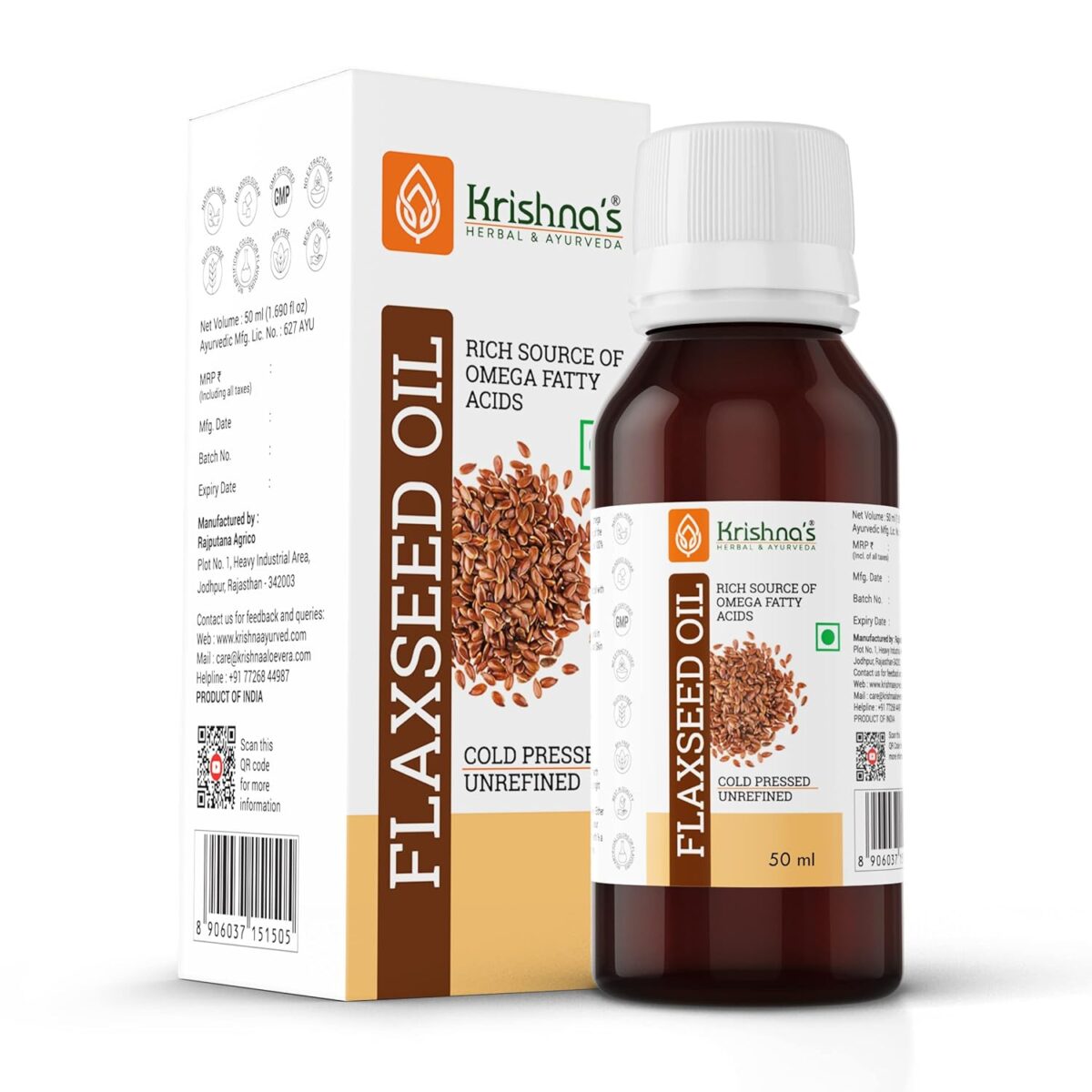Krishna's Flaxseed Oil (50 ml) For Joint Pain, Weight Loss, Digestion - Image 1