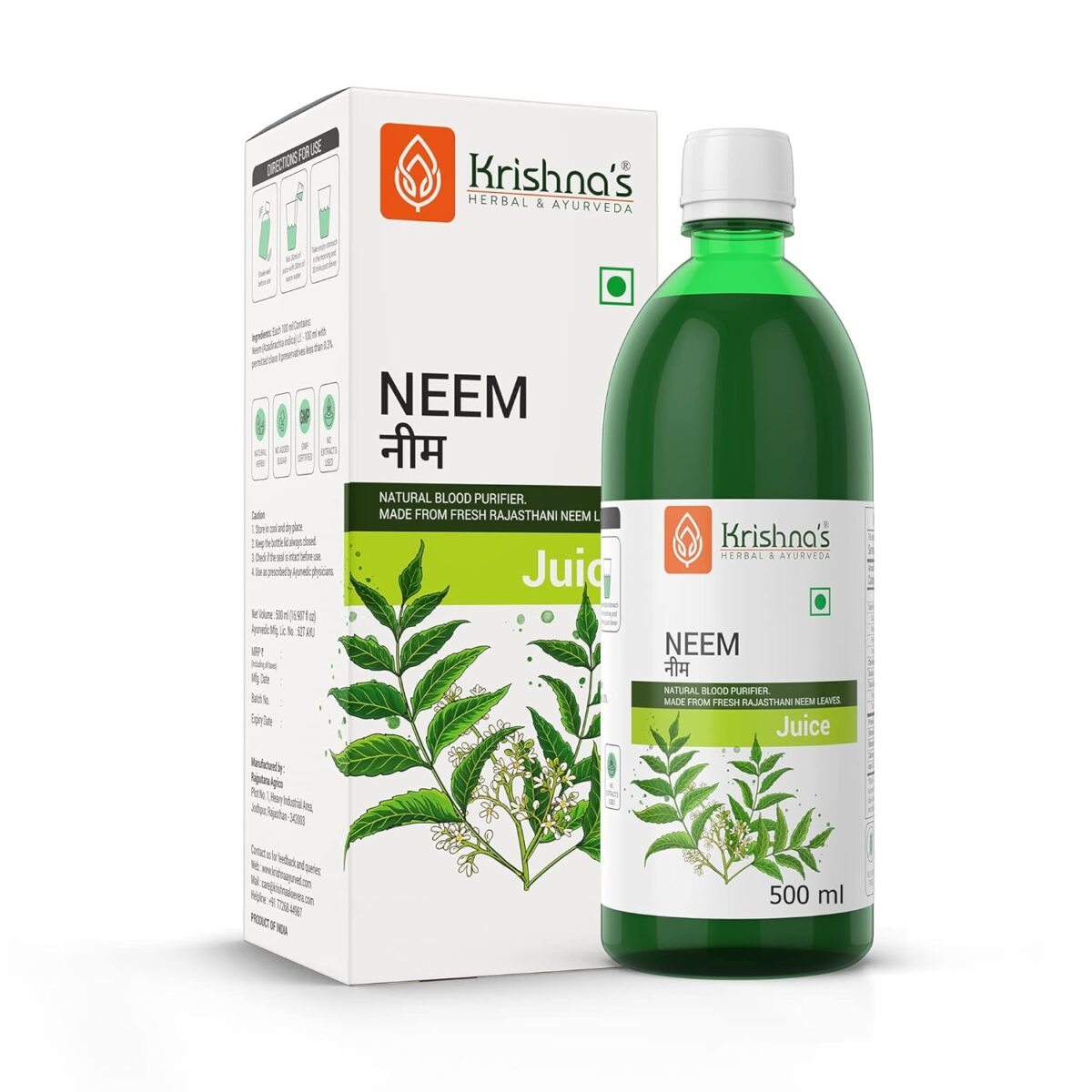 Krishna's Neem Juice - 500 ml 1 Krishna's Neem Juice - (500 ML) For Pimples, Improves The Skin Complexion - Image 1